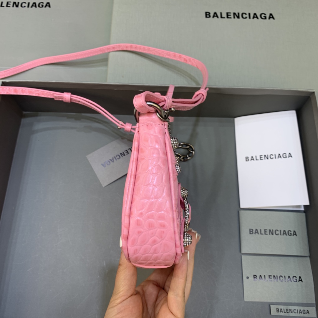 Balenciaga Le Cagole Mini Bag With Chain Crocodile Embossed Rhinestones Shoulder Bag Pink 